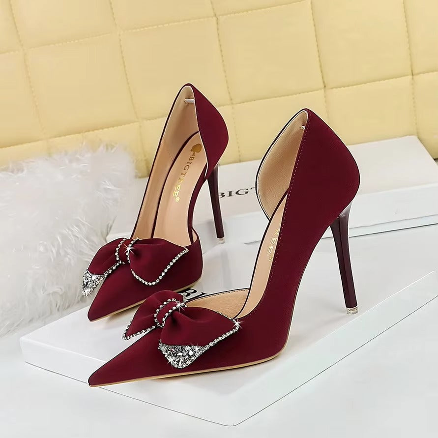Banquet Fashion Ultra-High Heels – Shallow Mouth, Pointed, Side Hollowed, Rhinestone Bow