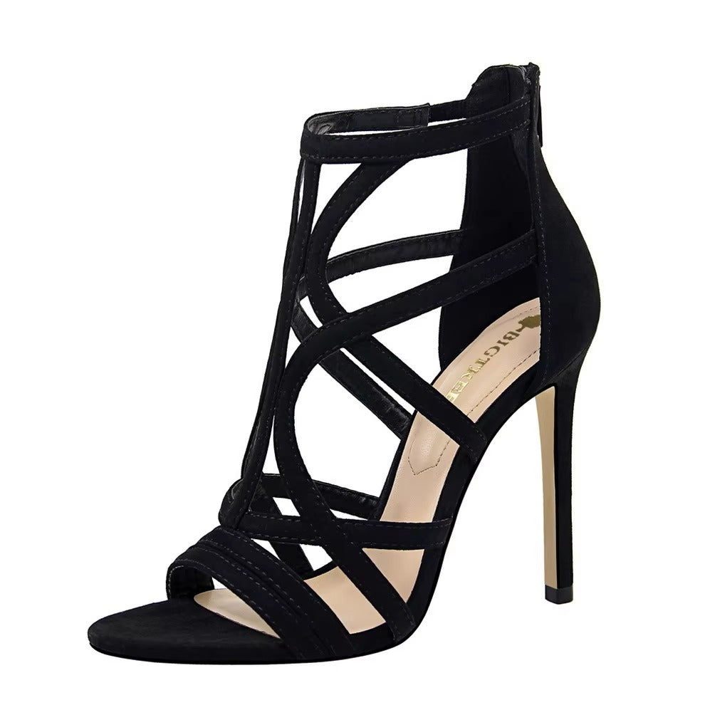 Women's Roman Stiletto Sandals – Ultra High Heel, Suede, Hollow (Sexy Nightclub)