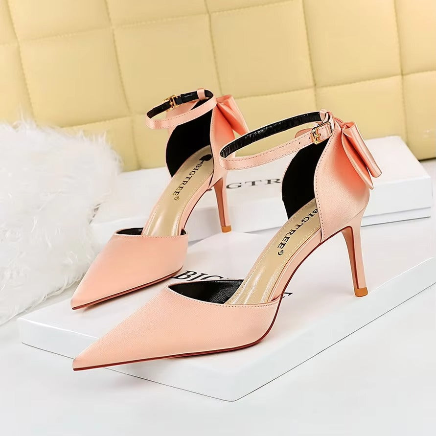 5196-1 Korean Sweet High Heels – Thin Heel, Shallow Mouth, Pointed Toe, Silk Hollow Back Strap