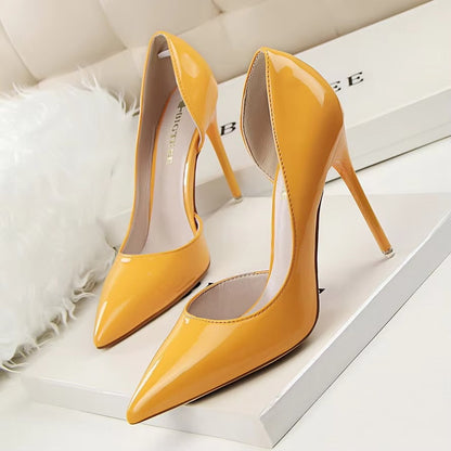 Minimalist Slim Heeled High-heels – Patent Leather, Shallow Mouth, Pointed Hollow (Sexy)