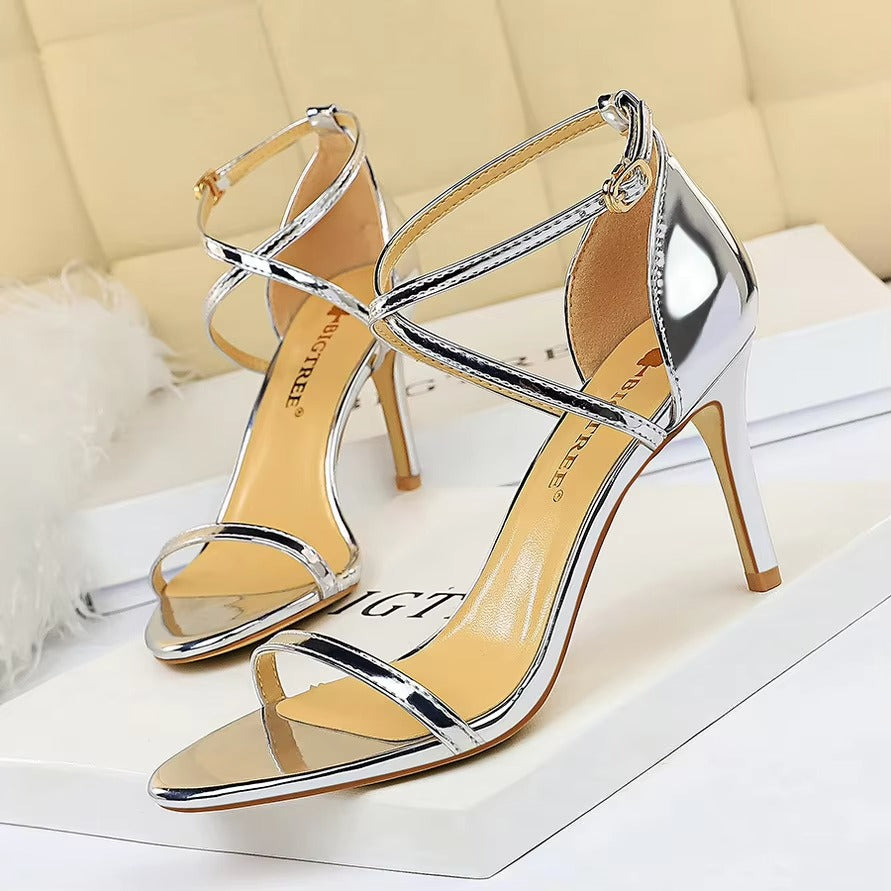 Sexy Nightclub High-Heeled Sandals – Metallic Cross Strap, Slim Heel, Open Toe (Wedding)