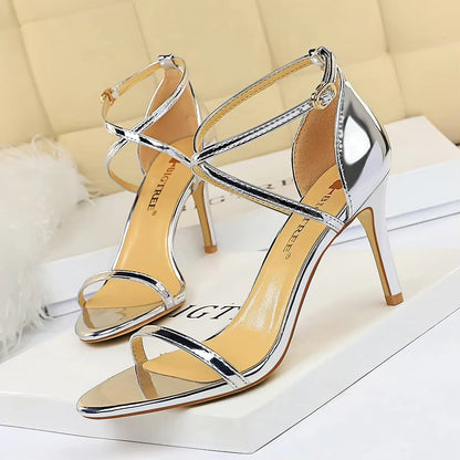 Sexy Nightclub High-Heeled Sandals – Metallic Cross Strap, Slim Heel, Open Toe (Wedding)