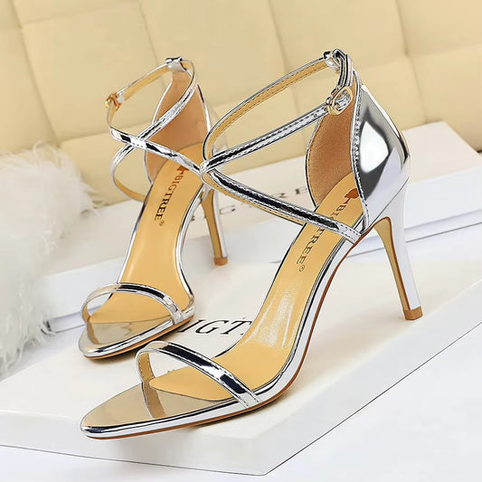 Sexy Nightclub High-Heeled Sandals – Metallic Cross Strap, Slim Heel, Open Toe (Wedding)