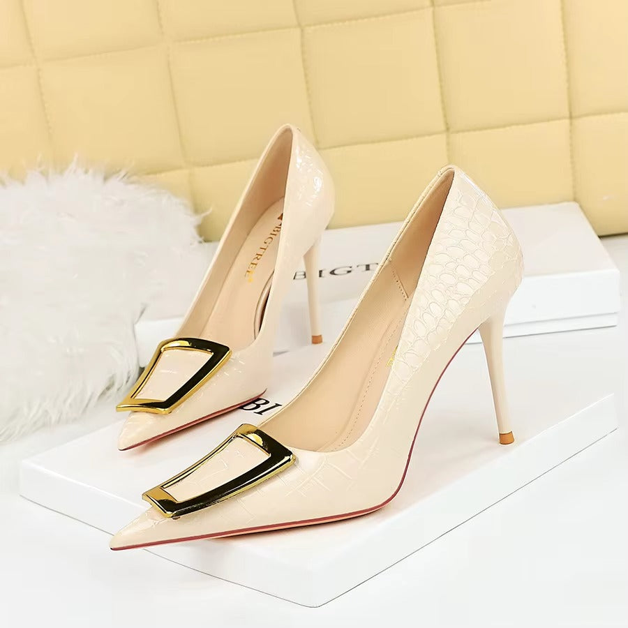3391-26 Women's High Heels – Skinny Thin Heel, Shallow Mouth, Pointed Toe, Metal Buckle