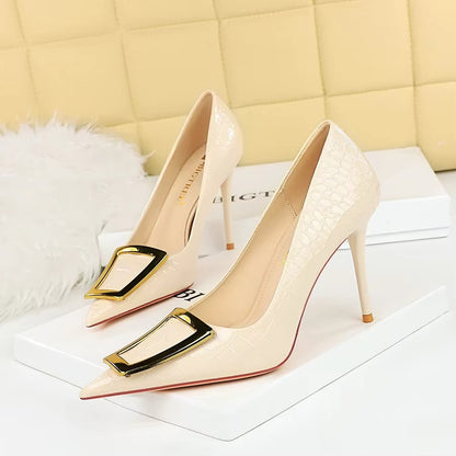 3391-26 Women's High Heels – Skinny Thin Heel, Shallow Mouth, Pointed Toe, Metal Buckle