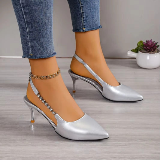 Summer Ladies' Rhinestone High Heels – Pointed Toe, Silver, Stiletto, New Sandals (Elegant)