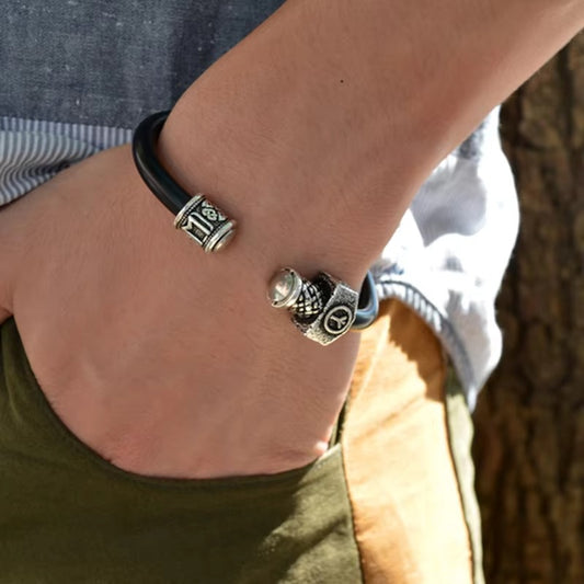 Viking Rune Bead Bracelets – Silver Charm, Black Leather, Punk Style (Unisex)