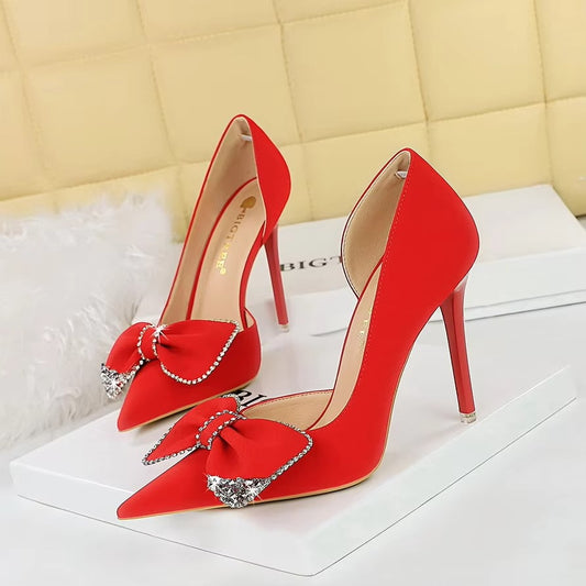 Banquet Fashion Ultra-High Heels – Shallow Mouth, Pointed, Side Hollowed, Rhinestone Bow