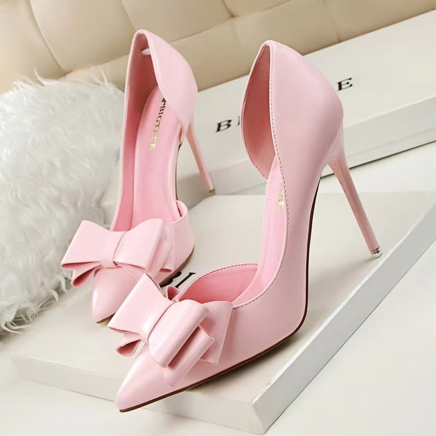 Fashionable Sweet Bow High Heels – Thin Heel, Shallow Pointed, Side Hollowed