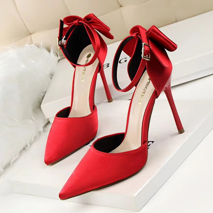 5196-1 Korean Sweet High Heels – Thin Heel, Shallow Mouth, Pointed Toe, Silk Hollow Back Strap