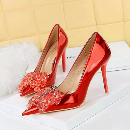 Banquet High Heels – Shallow Pointed, Crystal Bow