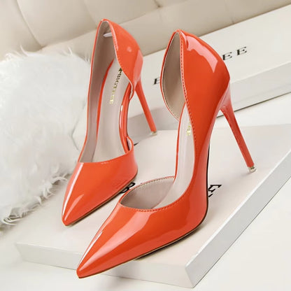 Minimalist Slim Heeled High-heels – Patent Leather, Shallow Mouth, Pointed Hollow (Sexy)