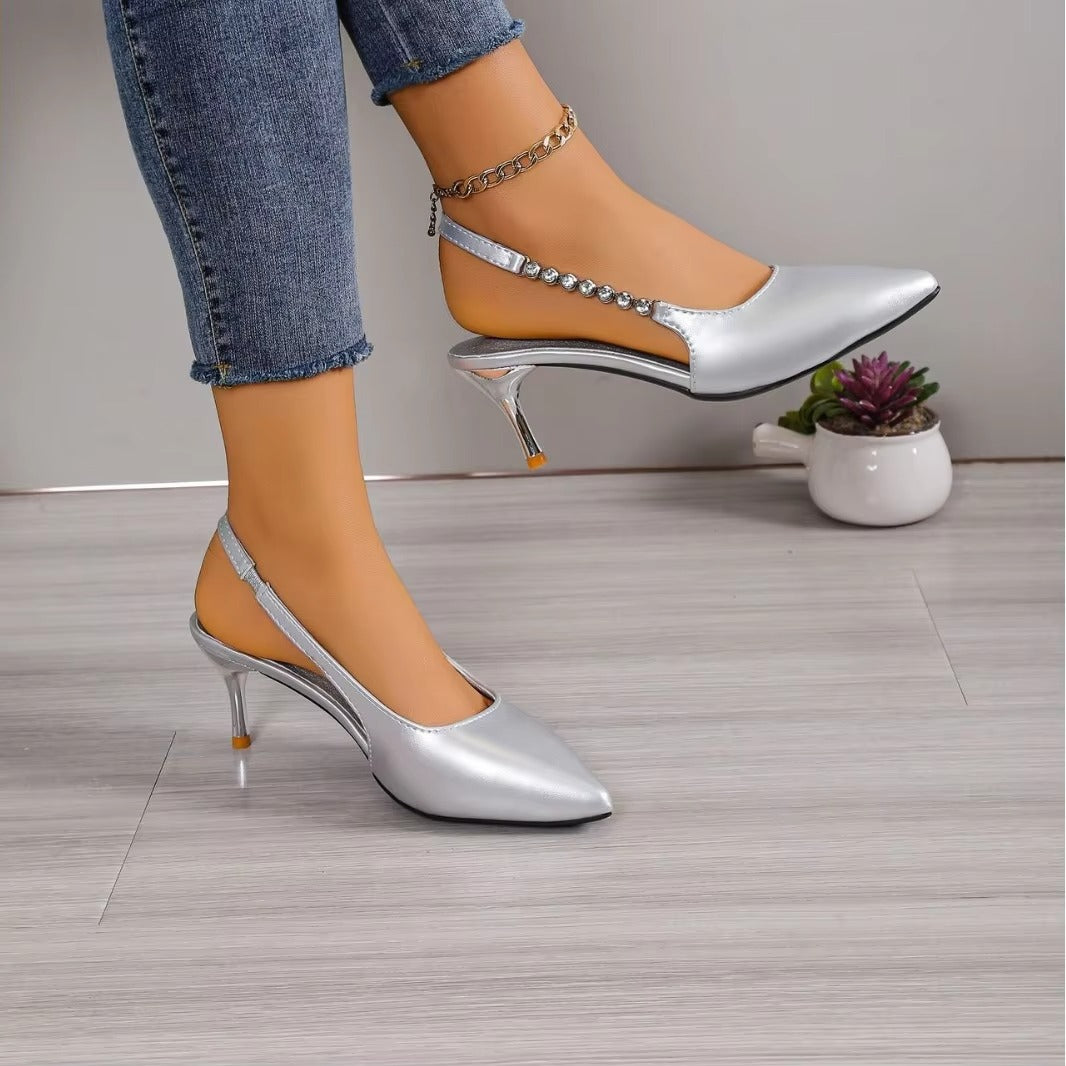 Summer Ladies' Rhinestone High Heels – Pointed Toe, Silver, Stiletto, New Sandals (Elegant)