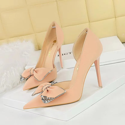 Banquet Fashion Ultra-High Heels – Shallow Mouth, Pointed, Side Hollowed, Rhinestone Bow