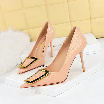 3391-26 Women's High Heels – Skinny Thin Heel, Shallow Mouth, Pointed Toe, Metal Buckle