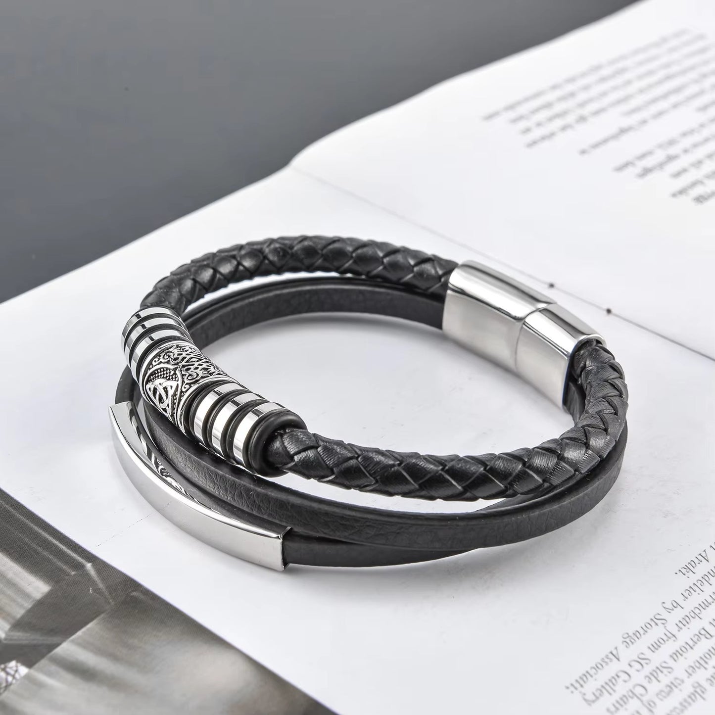 New Men's Viking Bracelets – Stainless Steel, Leather Rope, Multi-layer Woven