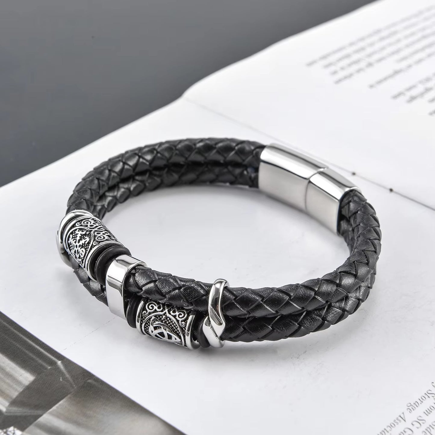 Wholesale New Viking Men's Bracelets – Leather Woven, Stainless Steel Rope