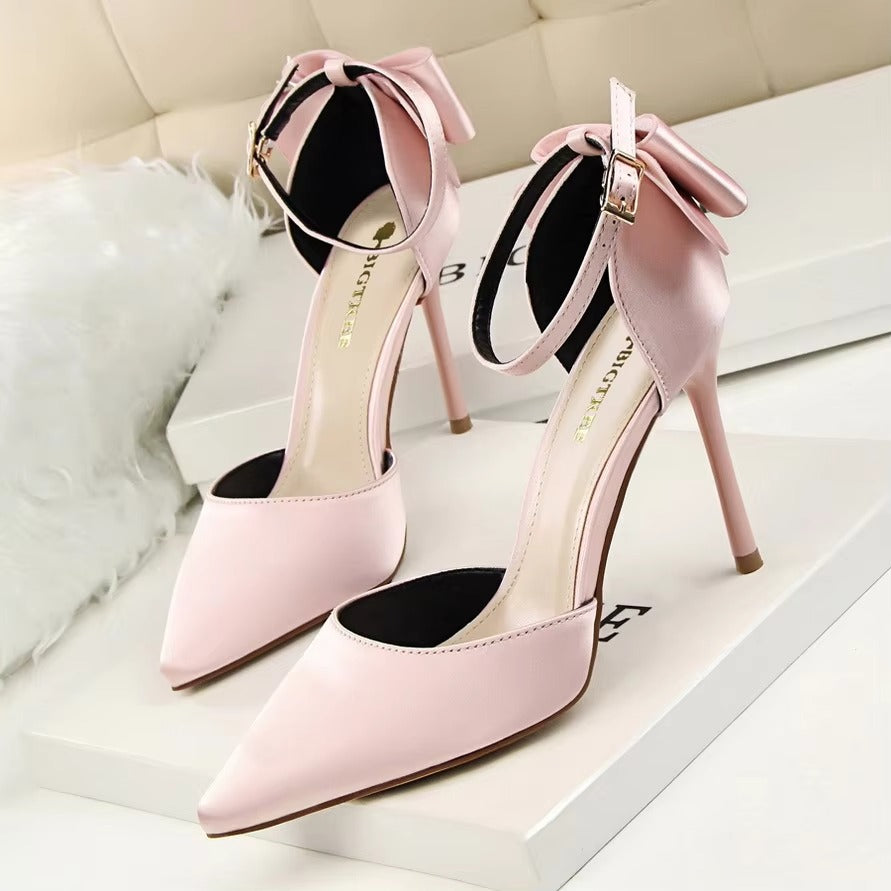 5196-1 Korean Sweet High Heels – Thin Heel, Shallow Mouth, Pointed Toe, Silk Hollow Back Strap
