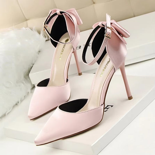 5196-1 Korean Sweet High Heels – Thin Heel, Shallow Mouth, Pointed Toe, Silk Hollow Back Strap