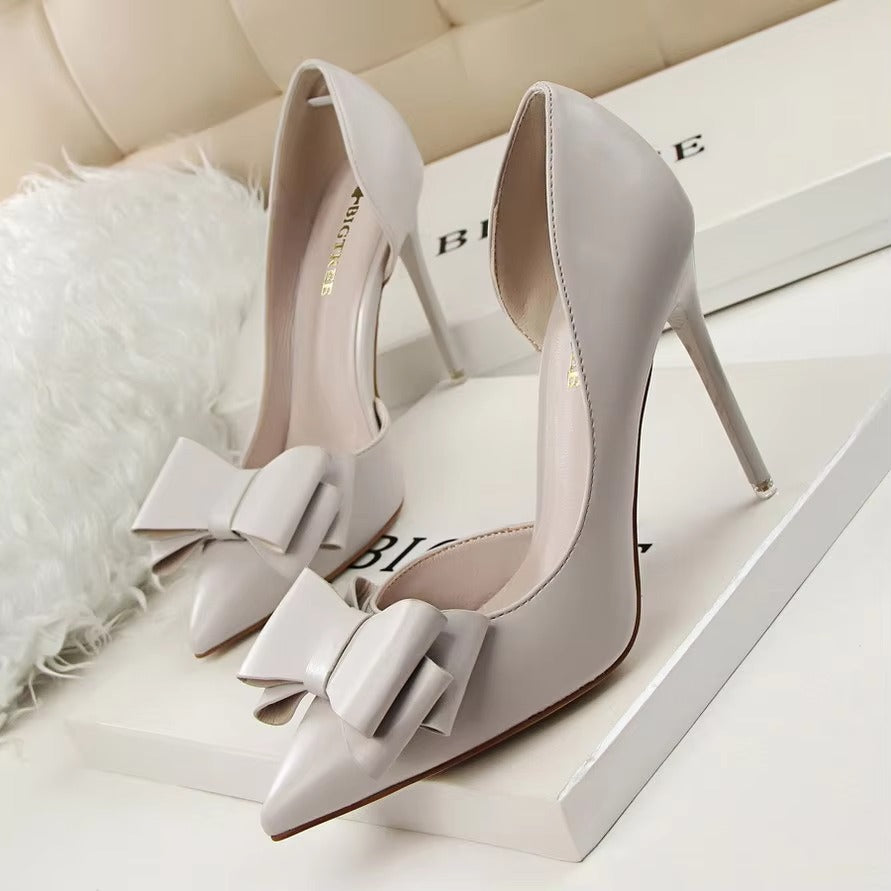 Fashionable Sweet Bow High Heels – Thin Heel, Shallow Pointed, Side Hollowed