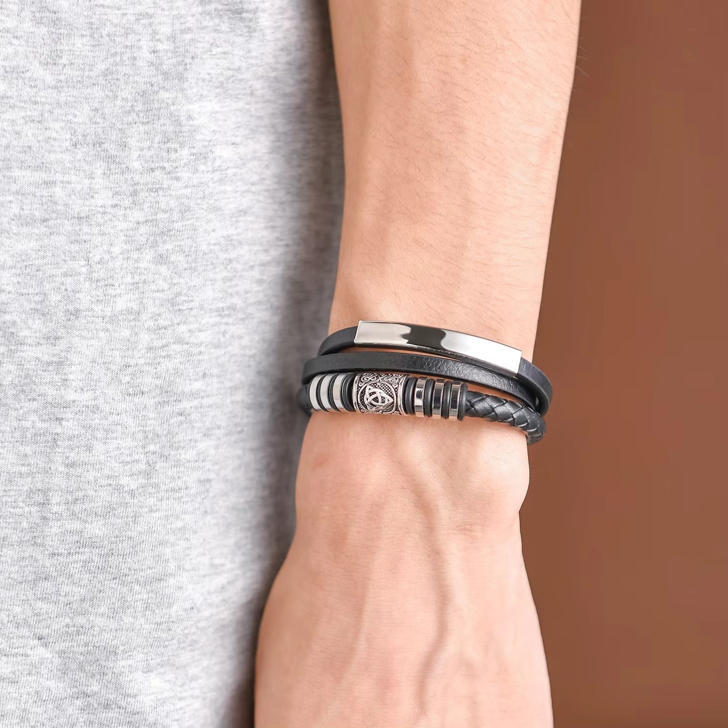 New Men's Viking Bracelets – Stainless Steel, Leather Rope, Multi-layer Woven