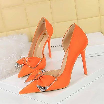 Banquet Fashion Ultra-High Heels – Shallow Mouth, Pointed, Side Hollowed, Rhinestone Bow