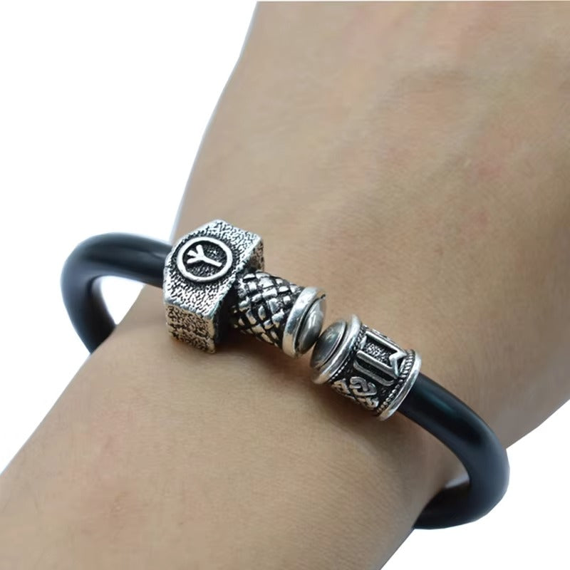 Viking Rune Bead Bracelets – Silver Charm, Black Leather, Punk Style (Unisex)