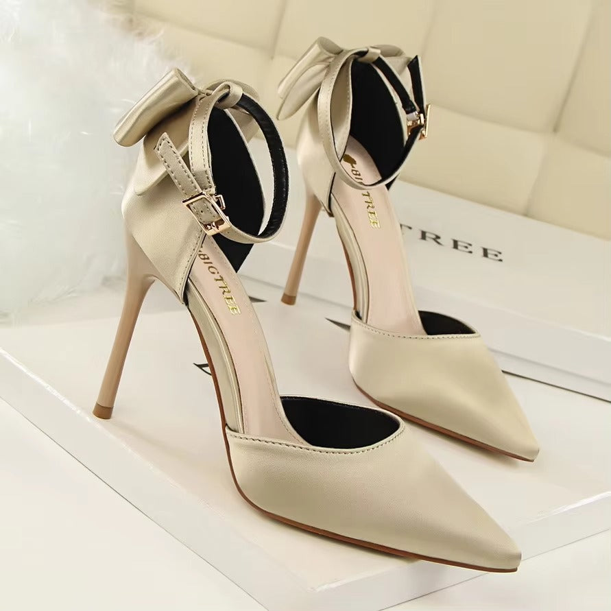 5196-1 Korean Sweet High Heels – Thin Heel, Shallow Mouth, Pointed Toe, Silk Hollow Back Strap