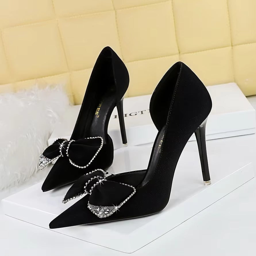 Banquet Fashion Ultra-High Heels – Shallow Mouth, Pointed, Side Hollowed, Rhinestone Bow