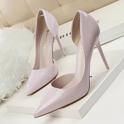 Minimalist Slim Heeled High-heels – Patent Leather, Shallow Mouth, Pointed Hollow (Sexy)