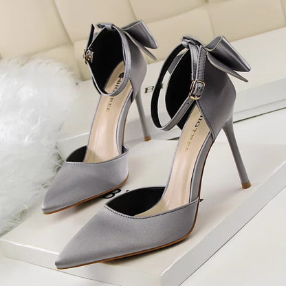 5196-1 Korean Sweet High Heels – Thin Heel, Shallow Mouth, Pointed Toe, Silk Hollow Back Strap