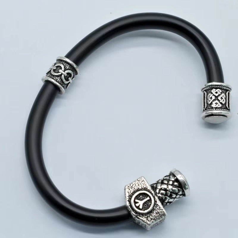 Viking Rune Bead Bracelets – Silver Charm, Black Leather, Punk Style (Unisex)