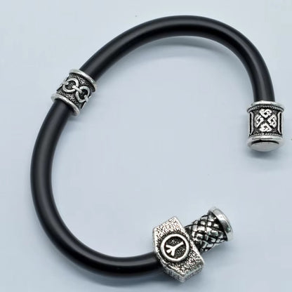 Viking Rune Bead Bracelets – Silver Charm, Black Leather, Punk Style (Unisex)