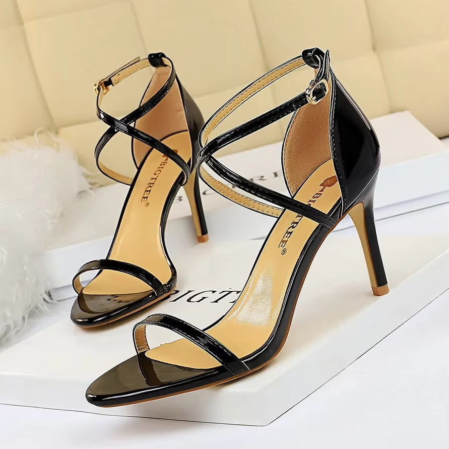 Sexy Nightclub High-Heeled Sandals – Metallic Cross Strap, Slim Heel, Open Toe (Wedding)