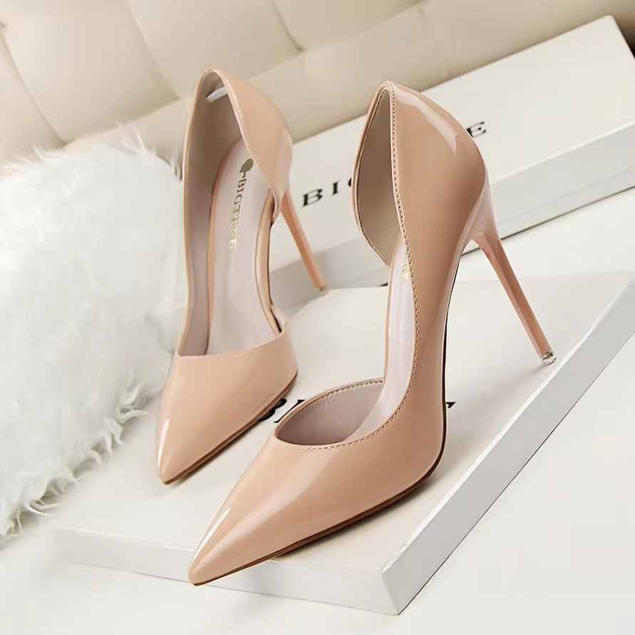 Korean Fashion Slim Heel High-heels – Patent Leather, Pointed Hollow (Sexy)