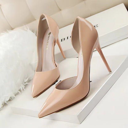Korean Fashion Slim Heel High-heels – Patent Leather, Pointed Hollow (Sexy)