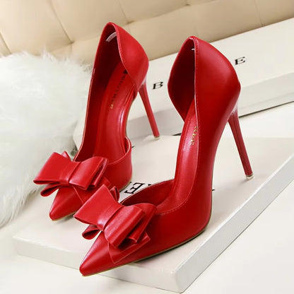 Fashionable Sweet Bow High Heels – Thin Heel, Shallow Pointed, Side Hollowed