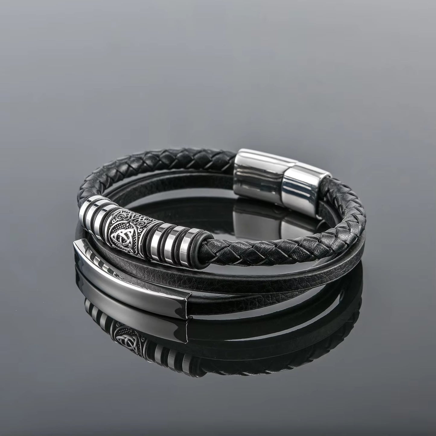 New Men's Viking Bracelets – Stainless Steel, Leather Rope, Multi-layer Woven