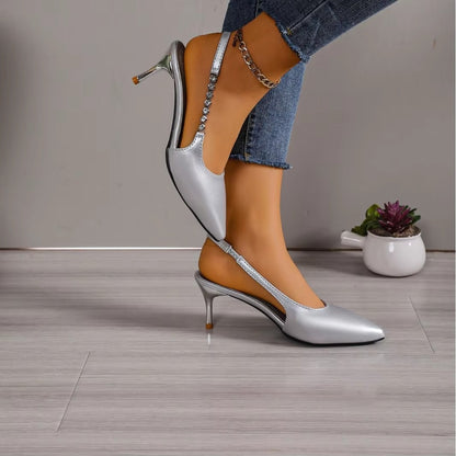 Summer Ladies' Rhinestone High Heels – Pointed Toe, Silver, Stiletto, New Sandals (Elegant)