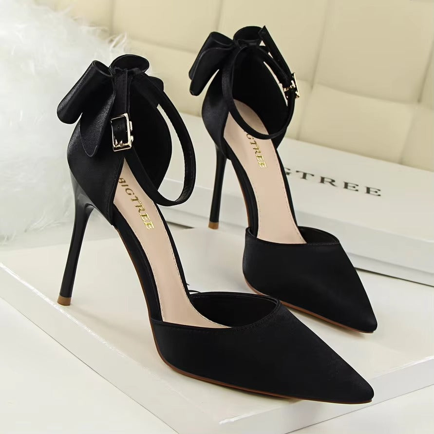 5196-1 Korean Sweet High Heels – Thin Heel, Shallow Mouth, Pointed Toe, Silk Hollow Back Strap