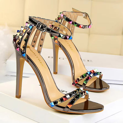 267-2 Women's Super High Heels – Exposed Toe, Stripes, Hollowed-Out, Colored Rivets