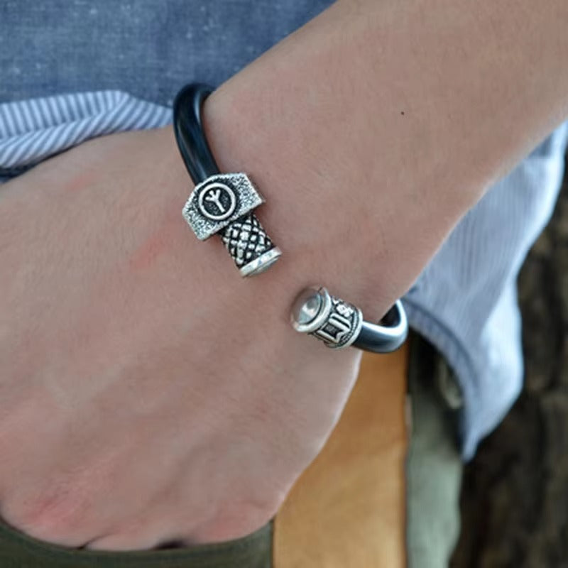 Viking Rune Bead Bracelets – Silver Charm, Black Leather, Punk Style (Unisex)