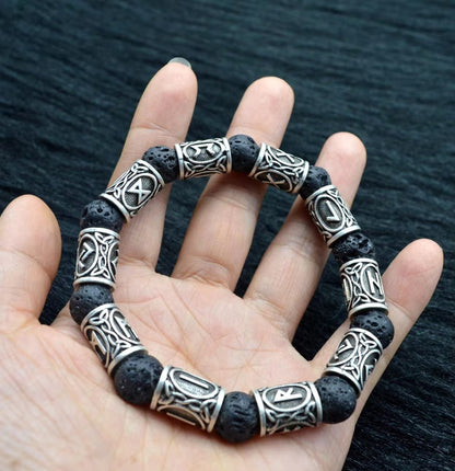 Wholesale Viking Rune Bracelets – Vintage Lava Stone, Antique Silver Beads, Norse Alloy (Unisex)