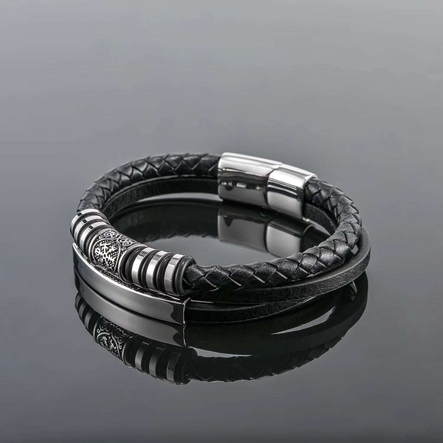 New Men's Viking Bracelets – Stainless Steel, Leather Rope, Multi-layer Woven