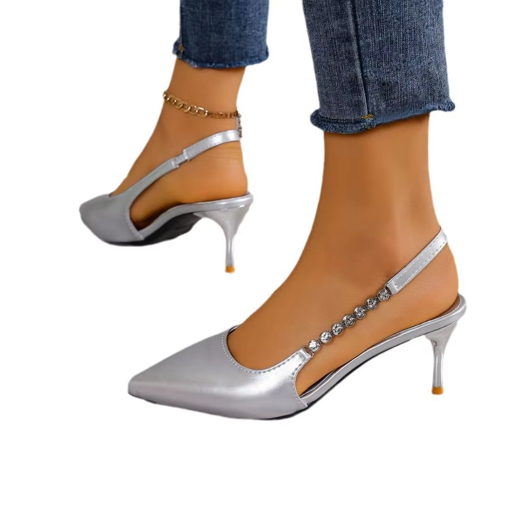 Summer Ladies' Rhinestone High Heels – Pointed Toe, Silver, Stiletto, New Sandals (Elegant)