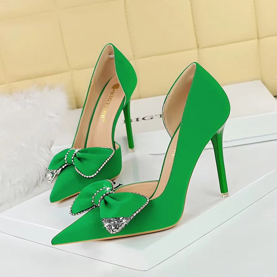 Banquet Fashion Ultra-High Heels – Shallow Mouth, Pointed, Side Hollowed, Rhinestone Bow
