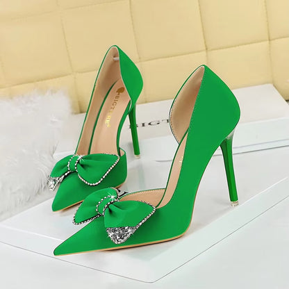 Banquet Fashion Ultra-High Heels – Shallow Mouth, Pointed, Side Hollowed, Rhinestone Bow