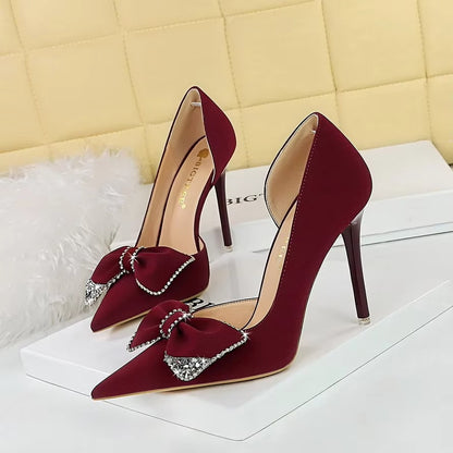Banquet Fashion Ultra-High Heels – Shallow Mouth, Pointed, Side Hollowed, Rhinestone Bow