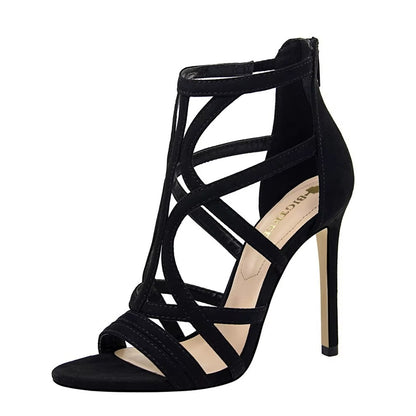 Women's Roman Stiletto Sandals – Ultra High Heel, Suede, Hollow (Sexy Nightclub)