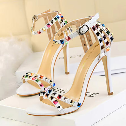 267-2 Women's Super High Heels – Exposed Toe, Stripes, Hollowed-Out, Colored Rivets